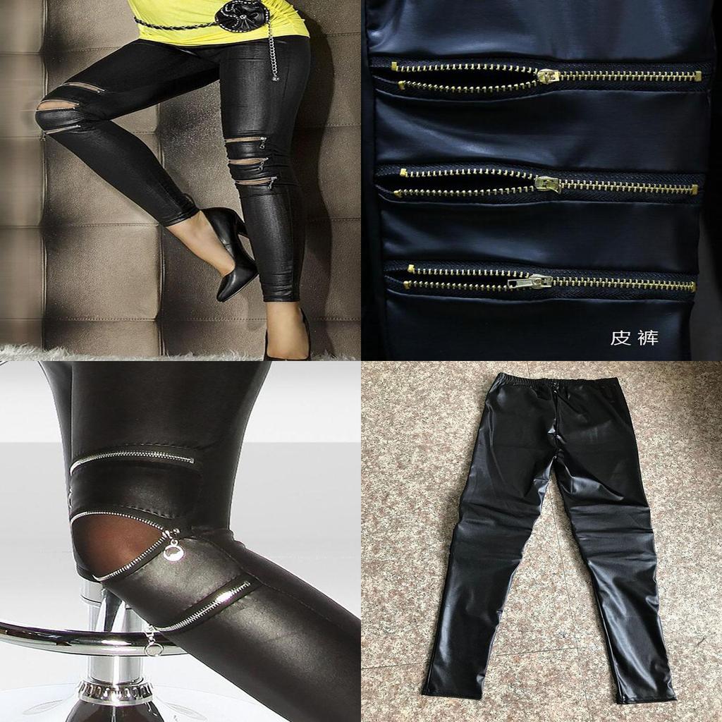 Slim Fit Classical Sexy Three Zipper Bright Leather Stretchy Pants Leggings