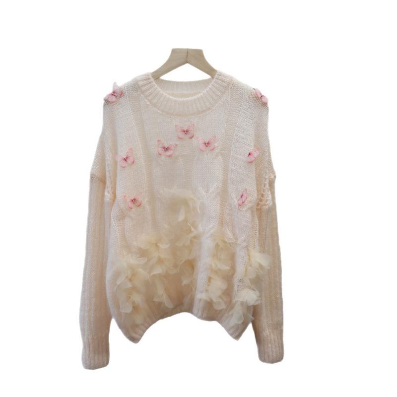 Autumn and Winter New Three-dimensional Butterfly Design Knitted Sweater Top Sweet Soft Waxy Gentle Wind Sweater Pullover Woman