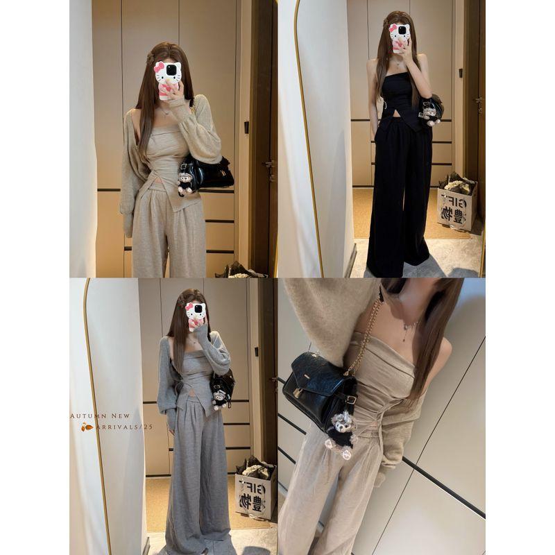 Kumikumi Idle Style Knitting Cardigan Outwear Women's Split Tube Top Vest Autumn Loose Casual Pants Three-Piece Set