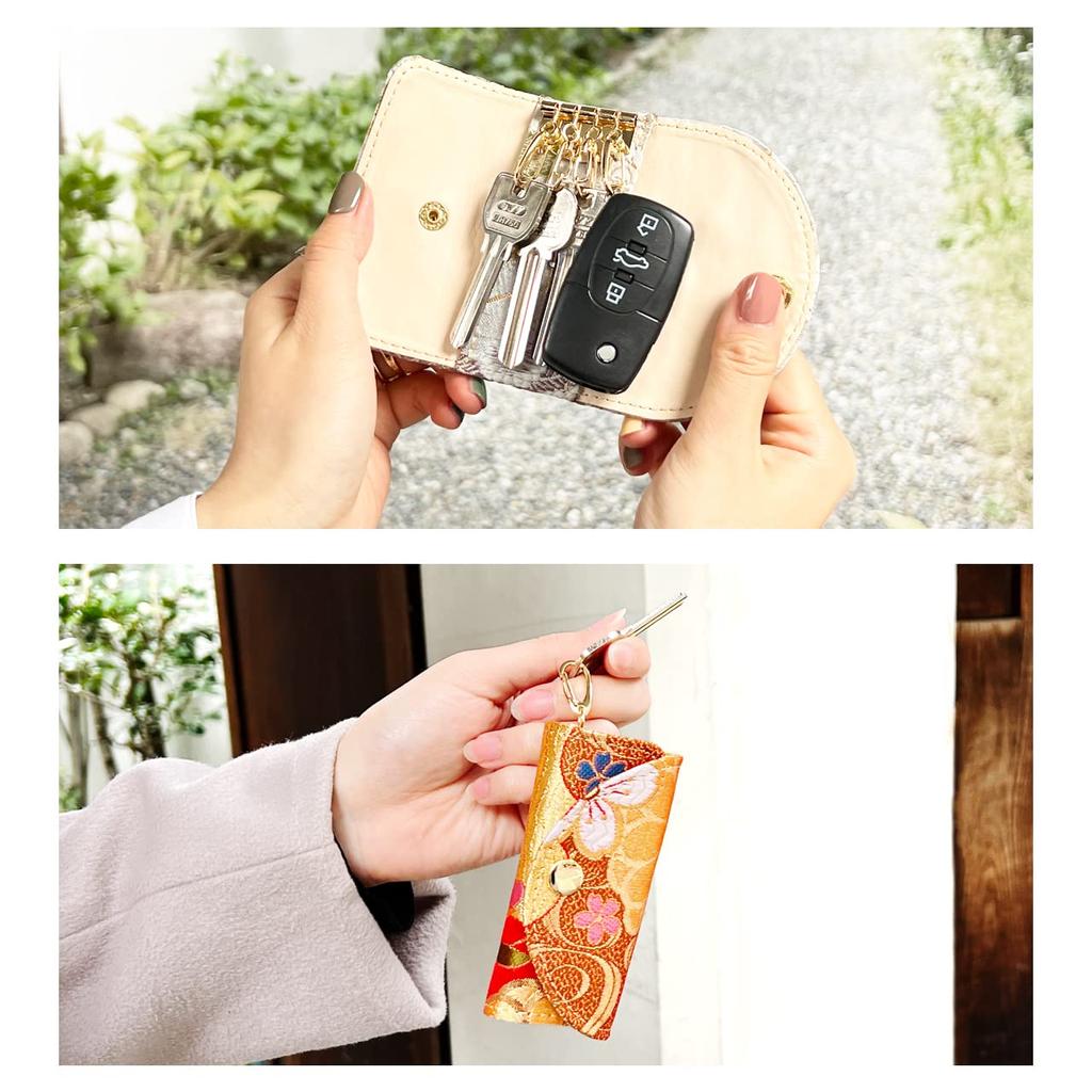 Nishijin Woven Key Case 4 Row Smart Key Trifold Key Holder Key Compact Key Holder 4 Row Key Hook Japanese Pattern Gold Brocade Takamisha Genji Emaki