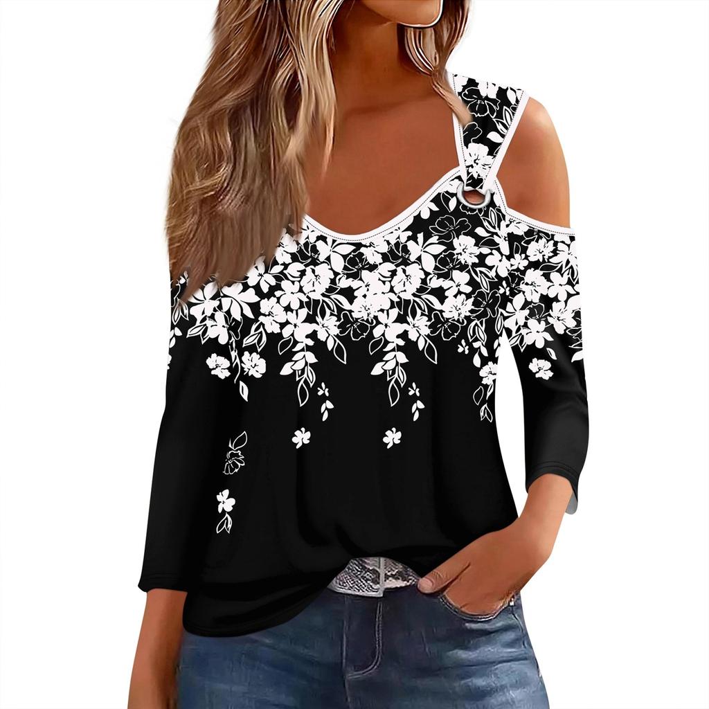 Damen Casual Shirt Bluse Print V-Ausschnitt Sexy Cold Shoulder 3/4 Ärmel Top