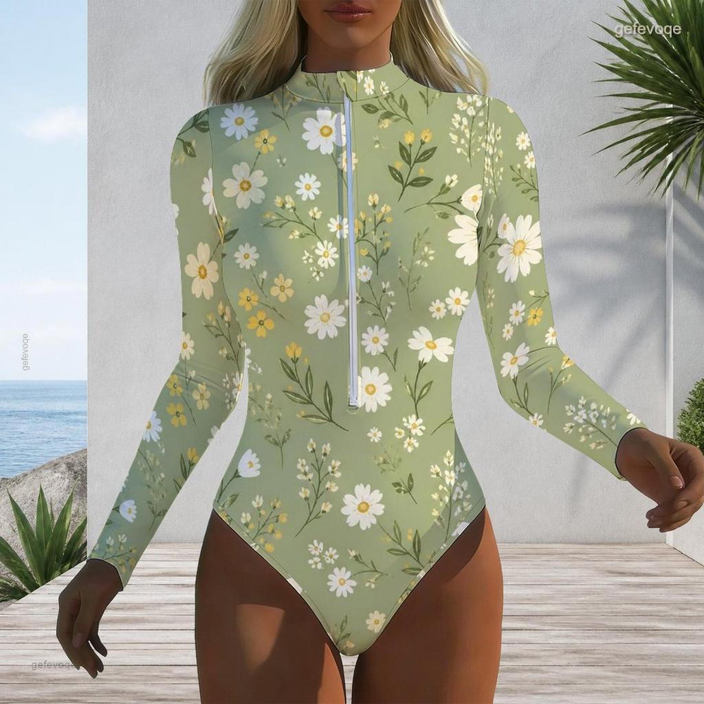Women Plus Size High Neck Long Sleeve Zipper Floral Print White One Piece Swimsuit