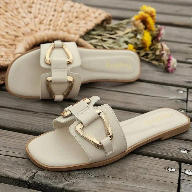 Fashion Women Metal Decor Single Band Flat Sandals Fashion Sexy Open Toe Outdoors Slides Luxurious Office Ladies Party Female Shoes