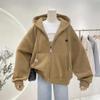 Simple Versatile Loose Plush Thickened Hooded Sweatshirt for Women Autumn Winter Casual Oversize Zipper Cardigan Jacket