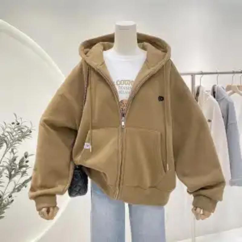 Simple Versatile Loose Plush Thickened Hooded Sweatshirt for Women Autumn Winter Casual Oversize Zipper Cardigan Jacket