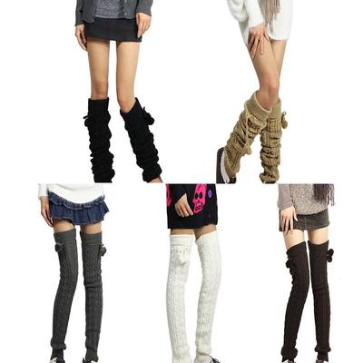 Extra Long Cable Knit Over-the-Knee Leg Warmers with Pom Pom