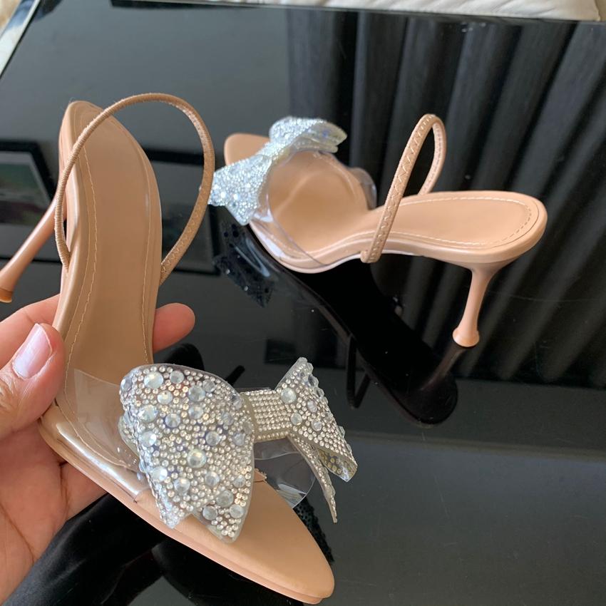 Summer Luxury Sandals for Women Diamond Bow PVC Transparent Open Toe Evening Party Wedding Ladies High Heels Shoes