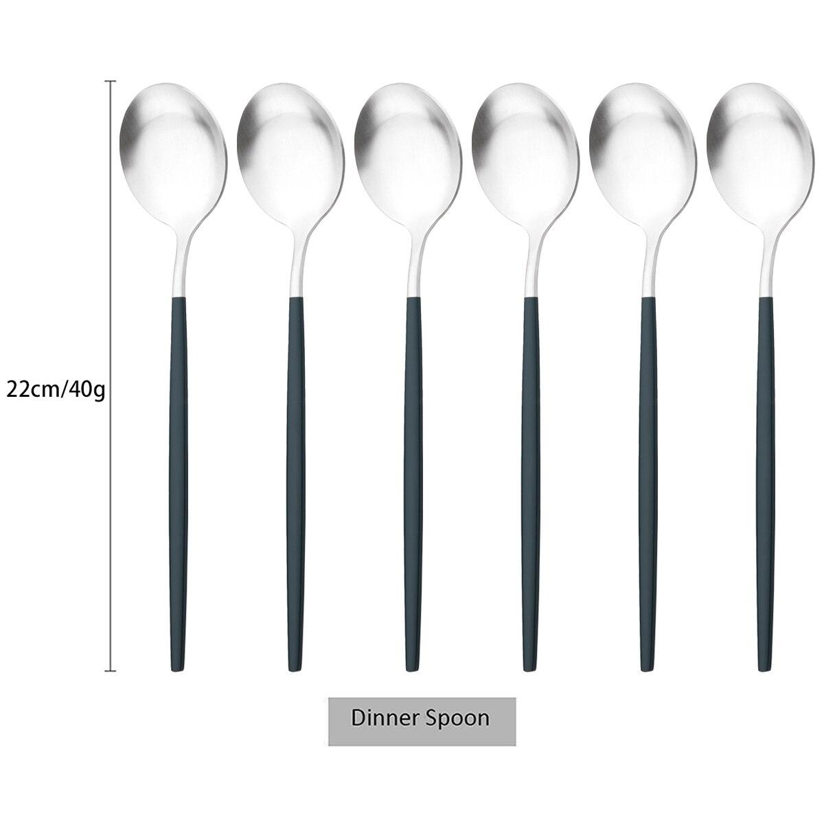 

6 шт./компл., набор столовых ложек из черного золота, матовая западная нержавеющая сталь, столовые приборы, столовые приборы, десертная ложка, посуда, набор кухонных столовых приборов для вечеринок серебряный/зелёный