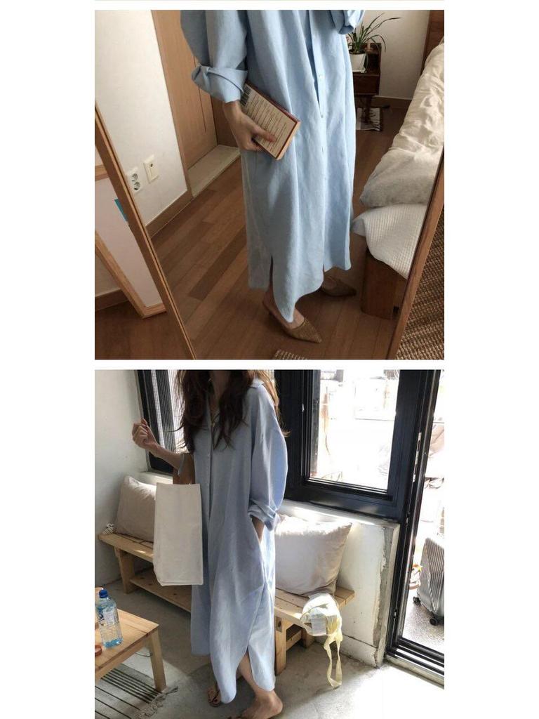 Korean Style Long Over-the-Knee Turn-Down Collar Cardigan Shirt for Women's Spring/Summer Sun Protection