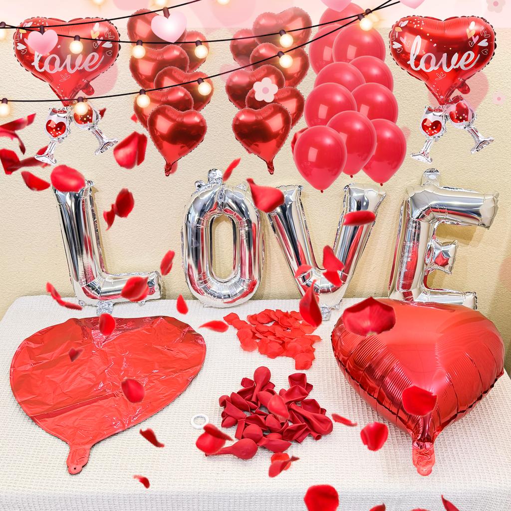 Rose Künstliche Blütenblätter Rote Ballons Set Liebesherz Latex Folienballon Hochzeit Romantische Nacht Valentinstag Party Dekoration