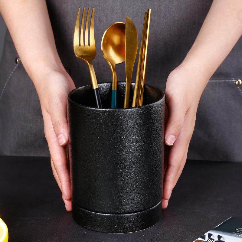 Frosted Chopstick Tube, Ceramic Black Crystal Glaze Knife, Fork And Spoon Storage Tube, Light Luxury Round Ornament, Household Storage