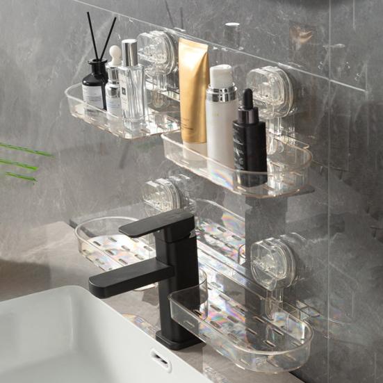 Suction Cup Shower Caddy Bathroom Organizer with Bottom Drain Space Saving Wall Shelf for Bathroom Sink Toothbrush Facial Cleanser Storage