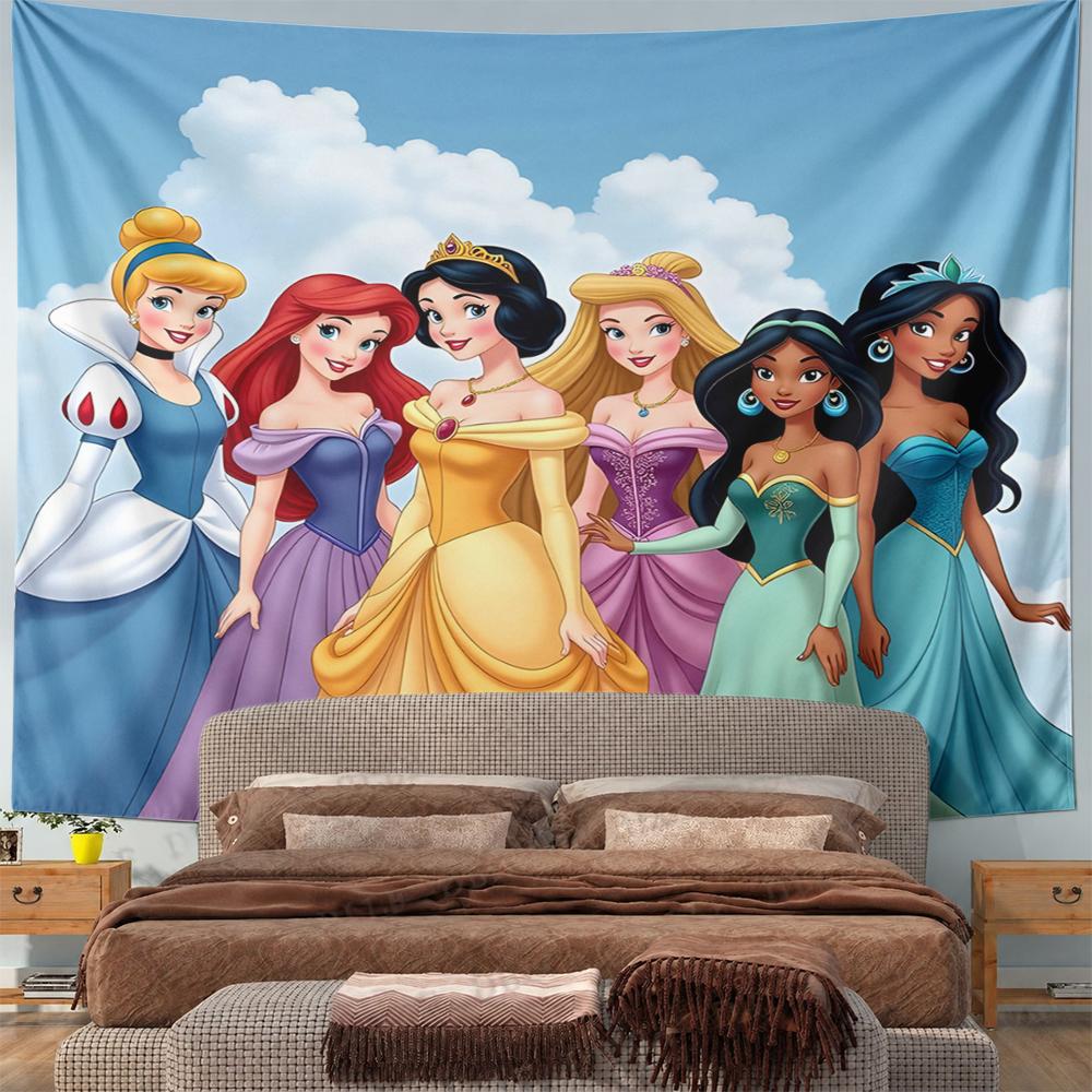 Horizontal Tapestry Group of Disney Princesses in Gowns Against Blue Sky Clouds, Classic Cartoon, Wide Wall Art for Adult Bedroom Fan Gift