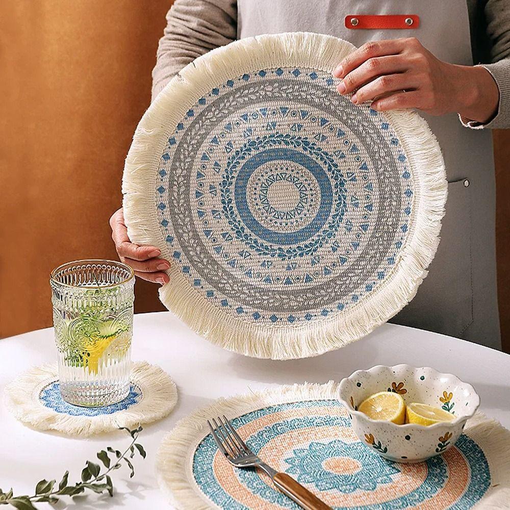 Natural Heat Resistant Bohemian Placemat Non-Slip Weave Braided Table Mat Jute Tassel Woven Mat Kitchen Table