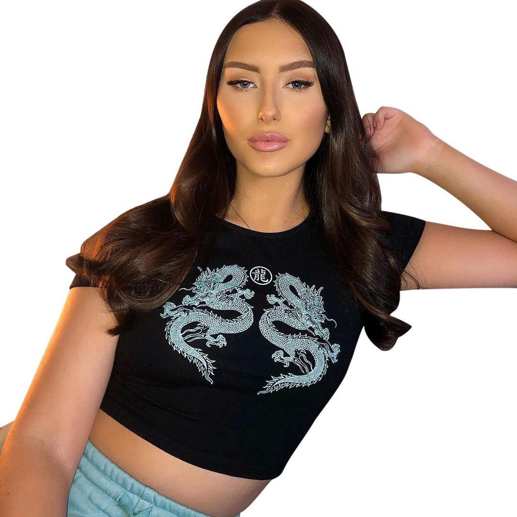 Women’s Short Sleeve Dragon Print T-shirt Summer Fashion Crop Top