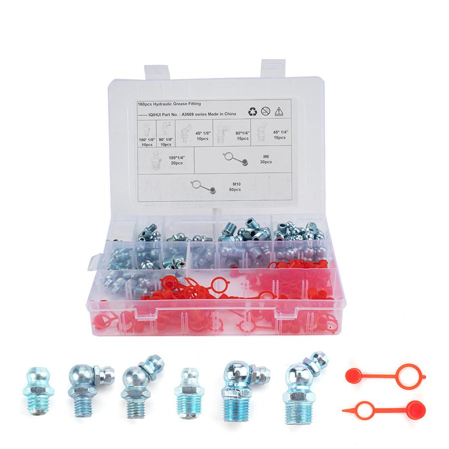 160PCS 6Sizes Metric Grease Nipple Fittings Kit M6 M10 Straight, 180 °,90° Angle