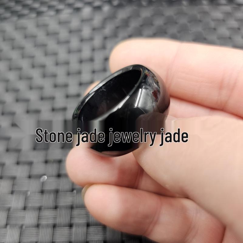 Large Black Agate Jade Chalcedony Finger Ring with Buddhist Beads Design