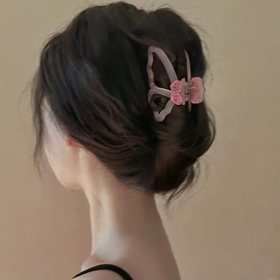 Hair Claw Hollow Butterflies Design 3D Rose Flower Decor Hair Clip Non-slip Teeth