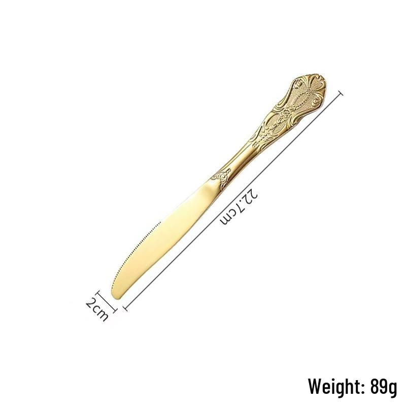 Royal Court Stainless Steel Retro Embossed Cutlery Set: Knife, Fork, Spoon, Steak Knife, Dessert Spoon.