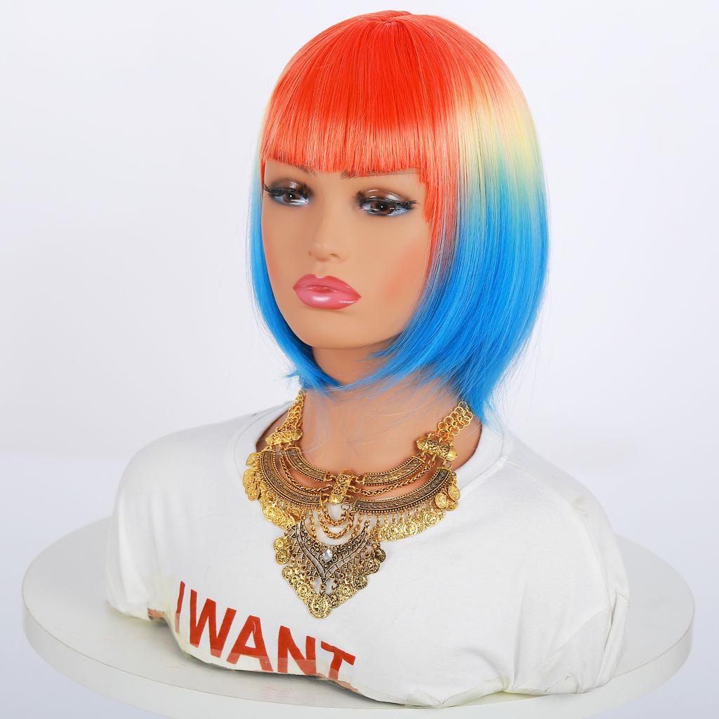 European American Women's Bangs Short Straight Hair Wig Multi-color Gradient Bob High-temperature Synthetic Headband