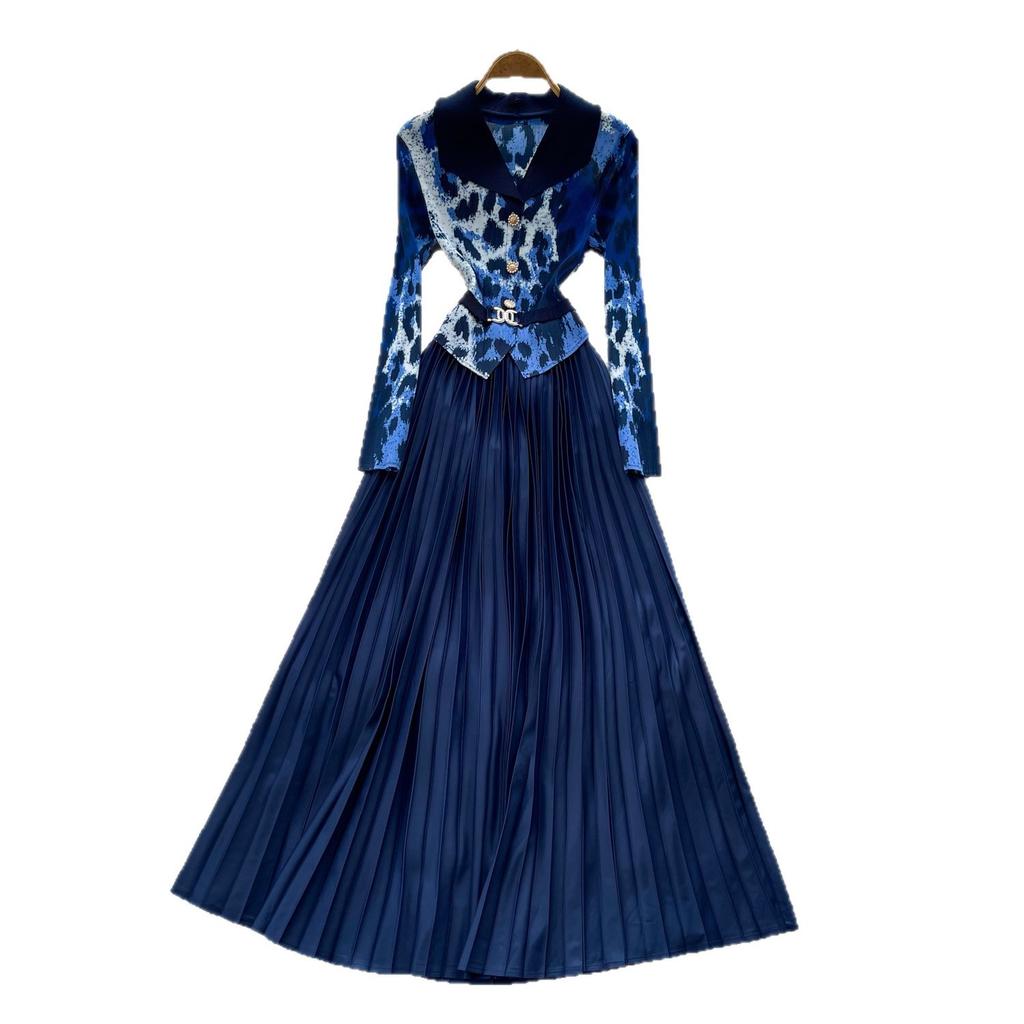 Light and mature wind leopard print splicing dress women's autumn waist and thin pleated long dress commuting wear Miyake pleated skirt
