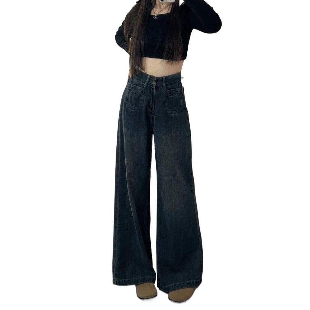Damskie dżinsy z szerokimi nogawkami: Wyściełany aksamitem, z wysokim stanem, plus size, wyszczuplający, luźny, do podłogi - Jesień/Zima 2024.