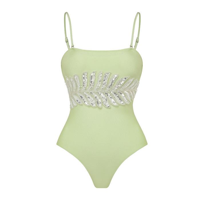 1011 European and American swimwear new fresh green beads embroidered solid color one-piece swimsuit women's explosion 11011