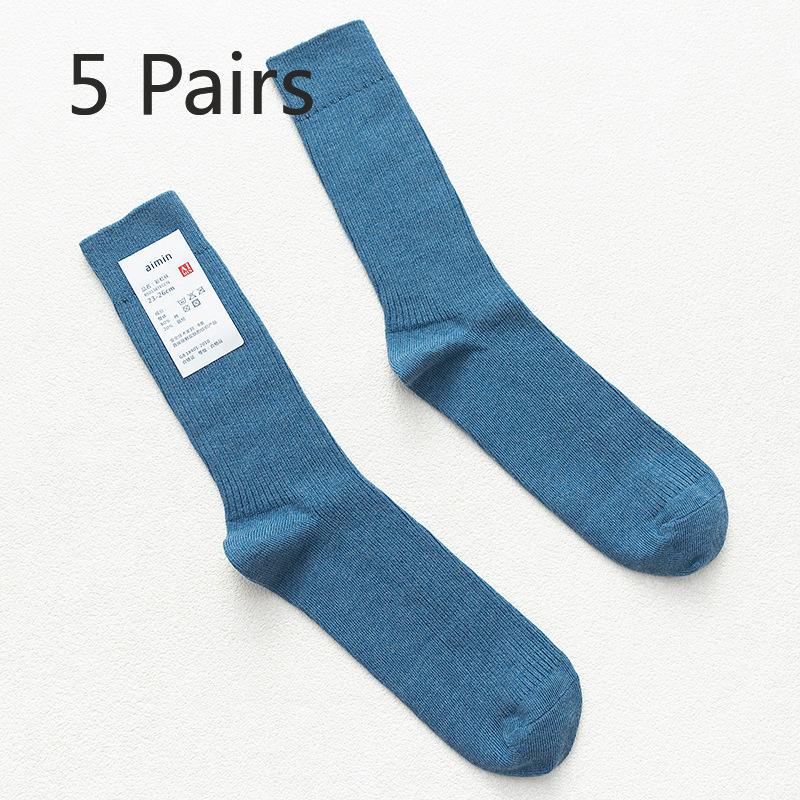 5 Pairs of Men's Retro Sweat-absorbing Vertical Striped Plain Color Cotton Mid Calf Socks