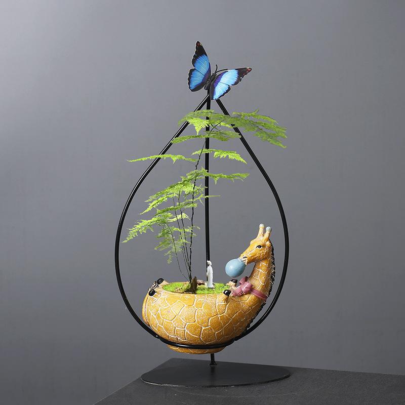 Creative Wrought Iron Hanging Wenzhu Succulent Small Green Plant Flower Pot Cartoon Resin Animal Cradle Flower Pot Desktop Decoration