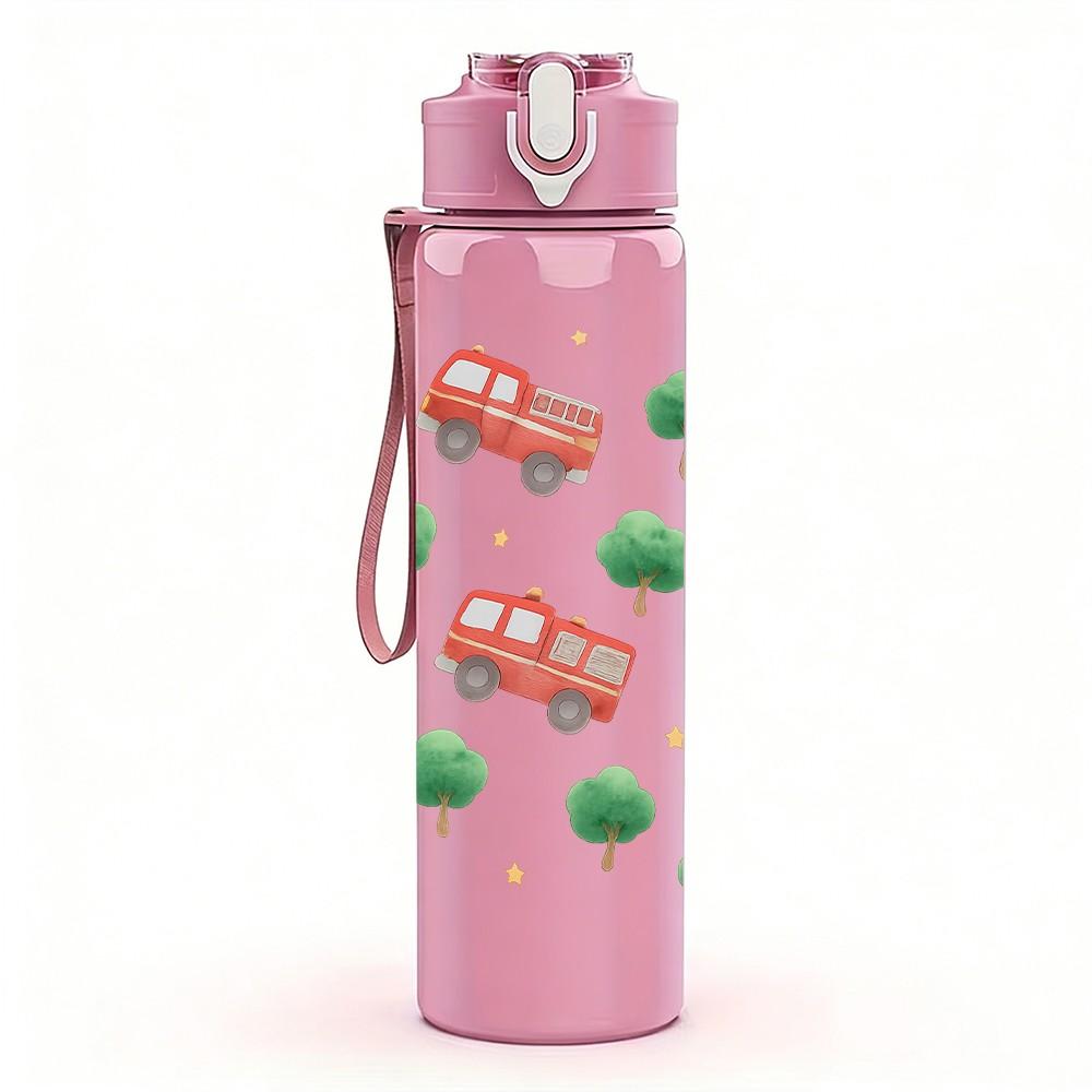 1PC Red Toy Truck Seamless Pattern 750ml Color Plastic Sports Water Bottle Leakproof Flip Straw Lid Suitable for Sports Office Home Use