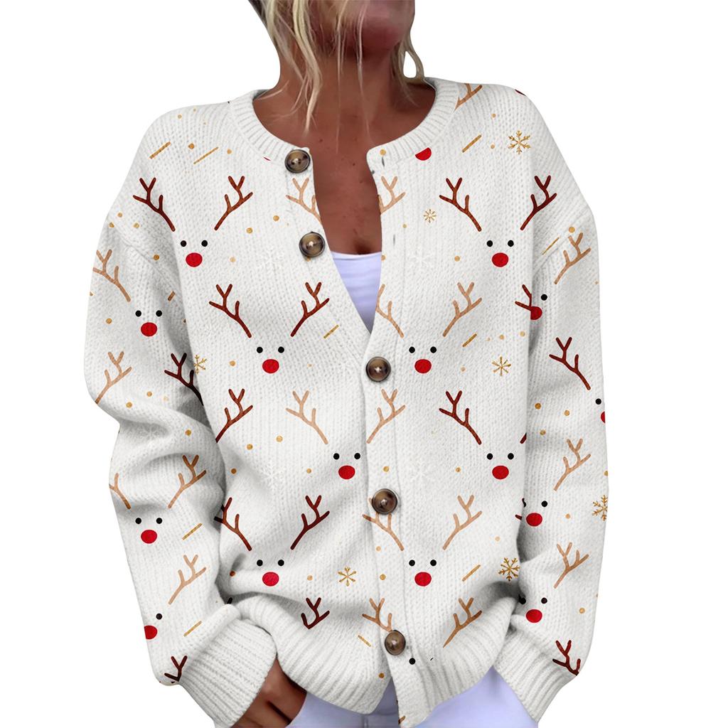 Dames Kerstprint Lange Mouwen Gebreide Vest Knopen aan de Voorkant Trui voor Feestdagen en Winterkleding