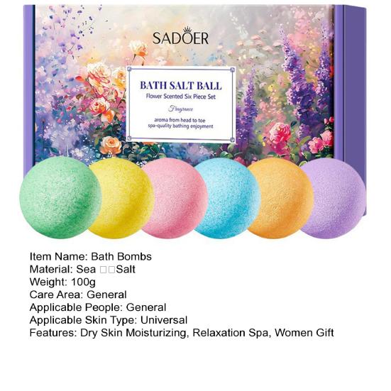6Pcs 100G Salt Bath Bombs Plants Extract Essential Oils Handmade Fizzies Balls Dry Skin Moisturizing Shower Ball Relaxation Spa Gift