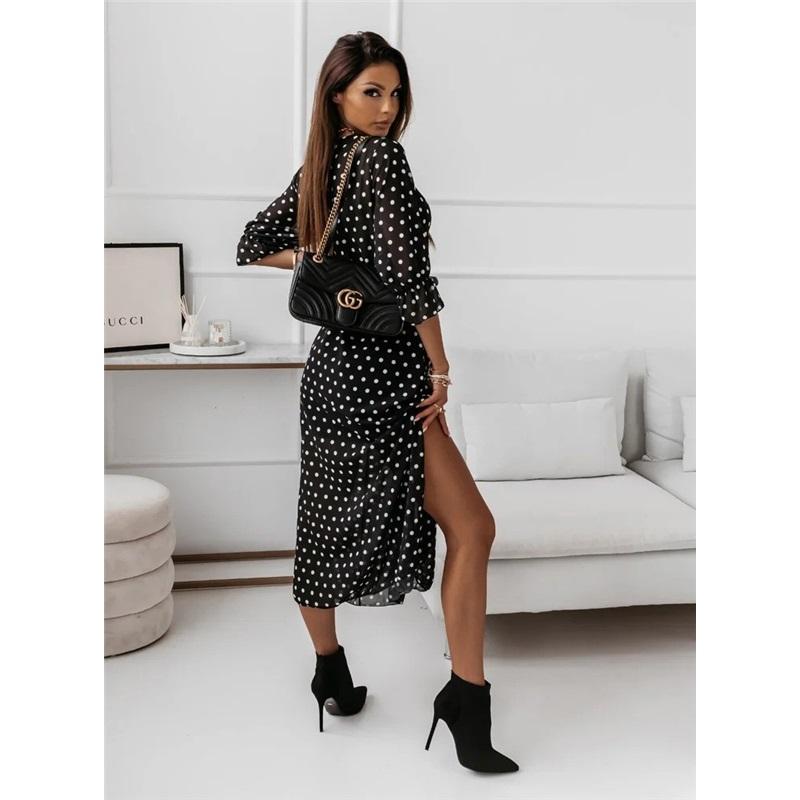 Women's Summer Dress Long Sleeve V-neck Side Slit Printed Long Dress