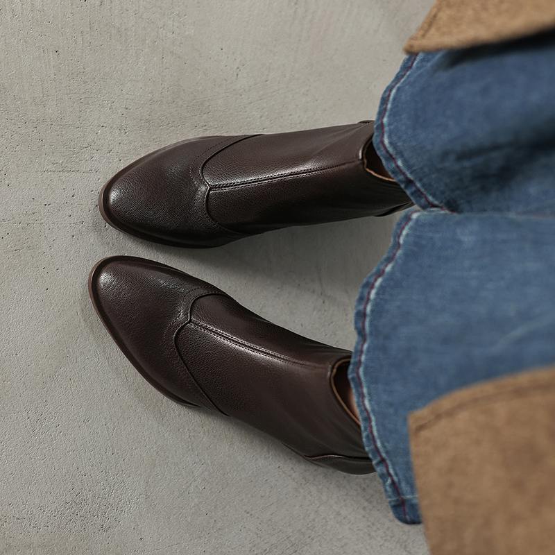 Krazing Pot Sheepskin Winter Round Toe Chelsea Boots Med Heels Zipper Carving Decoration Women Ankle Boots