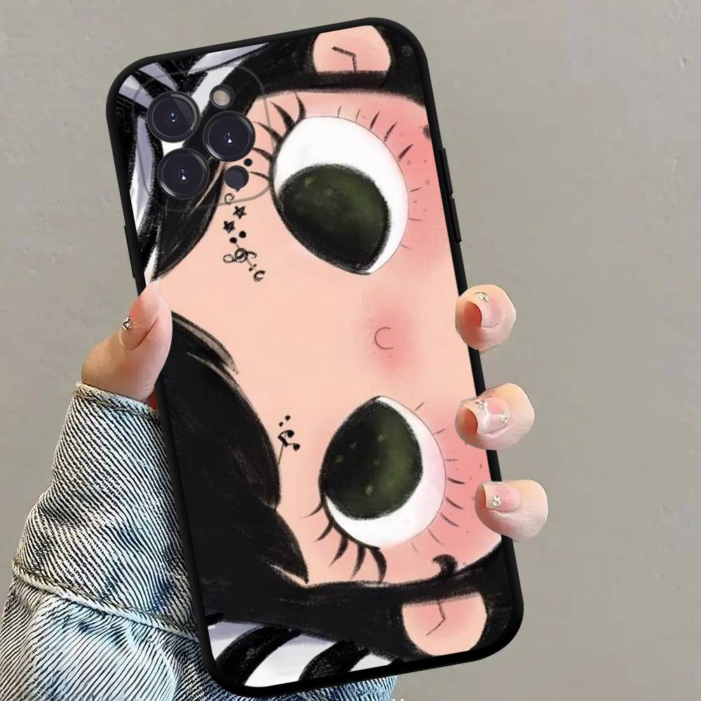 Kawaii Cute Black Big Eyes Cool Phone Case For iPhone 17 16 15 14 13 12 11 Pro Max Plus Mini Soft Silicone Black Shockproof TPU