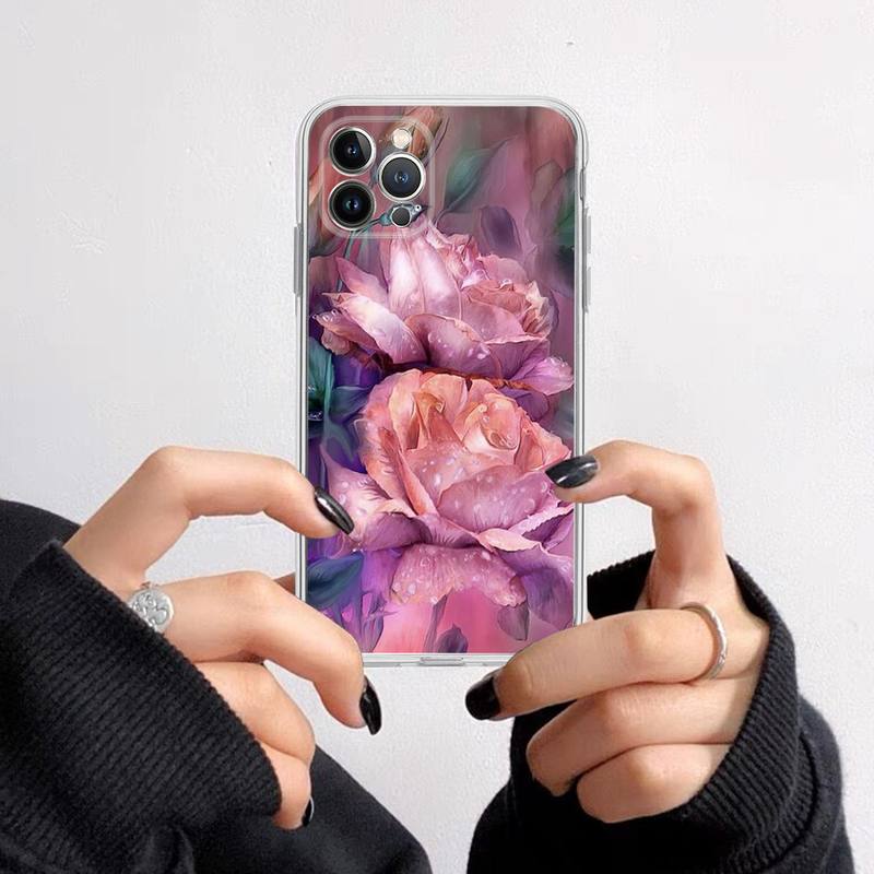 Elegant Pink Purple Peony Flower On the Vase Phone Case For iPhone 14 13 12 11 XS X XR SE 2020 6 7 8 Plus Mini Transparent Shell