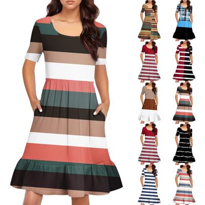 Women's Casual Round Neck Short Sleeved Dress Loose Waist Pleated Dress Waist Pleated Dress