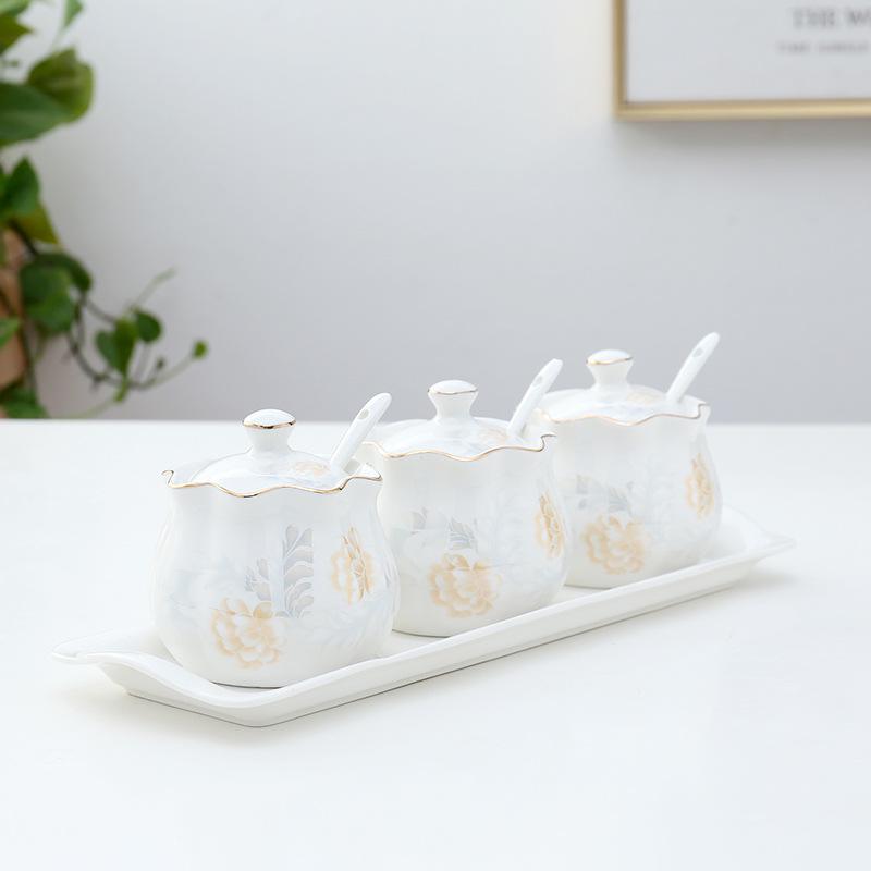Lotus Ceramic Condiment Jar Set for Salt, Sugar, Soy Sauce, and Vinegar