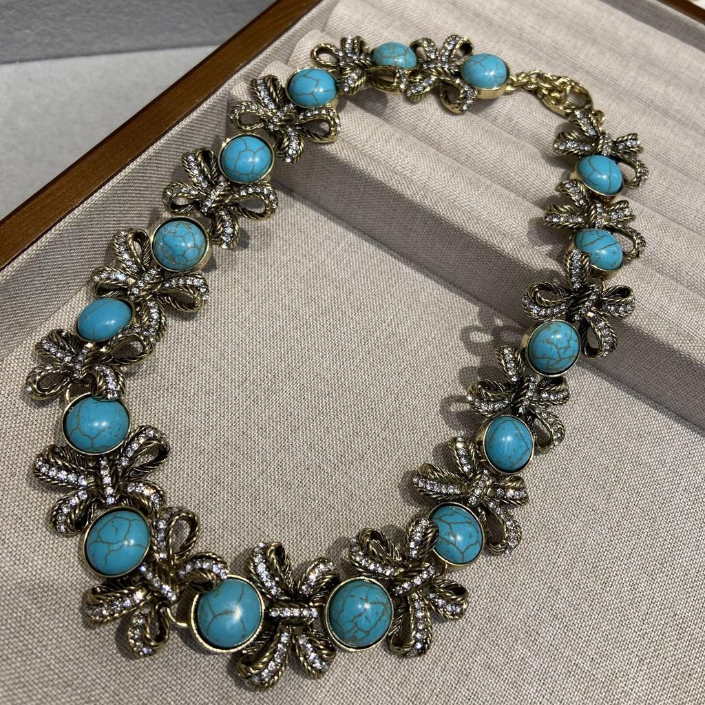 Vintage Blue Turquoise Zircon Bow Necklace Medieval Metal Old Clavicle Chain Diamond Turquoise Earrings Women
