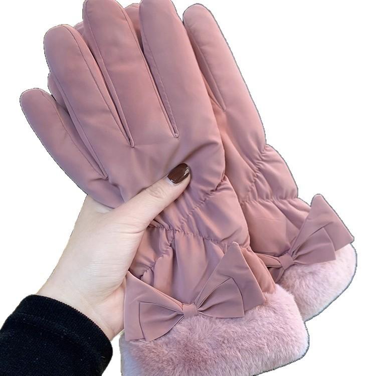 Bow Warm Gloves Fashionable and Versatile Women's Winter Plus Velvet Thickened Touch Screen Riding and Comfortable for Skin