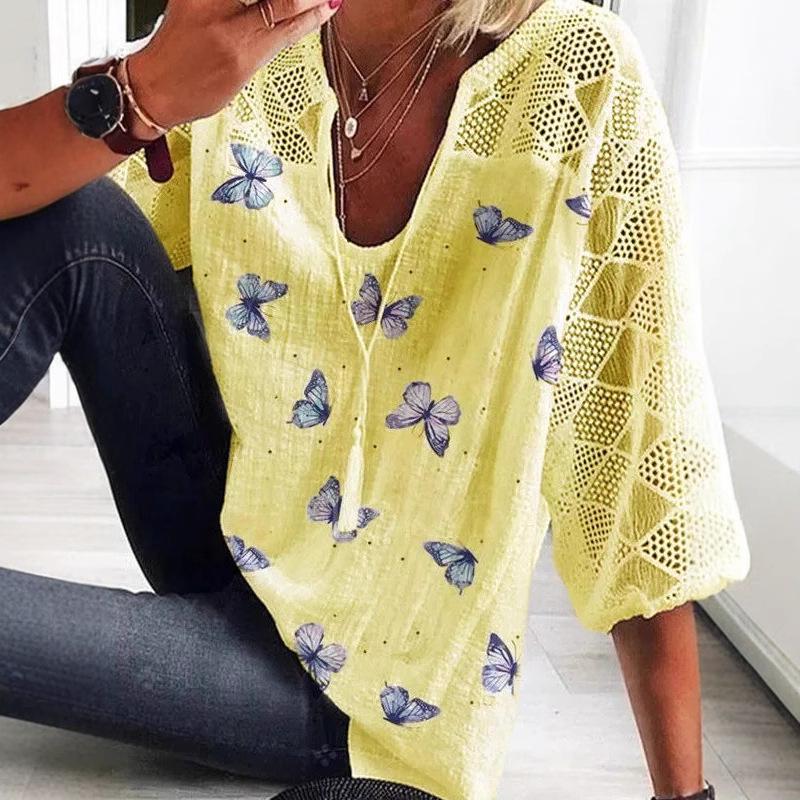 2025 Sommer-Top aus Mesh mit V-Ausschnitt und Schmetterlingsdruck für Damen