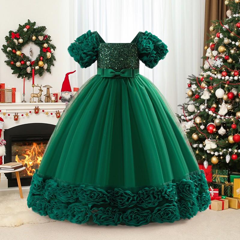 Girl Princess Dress Sequined Formal Gown Pageant Host Performance Fall Winter