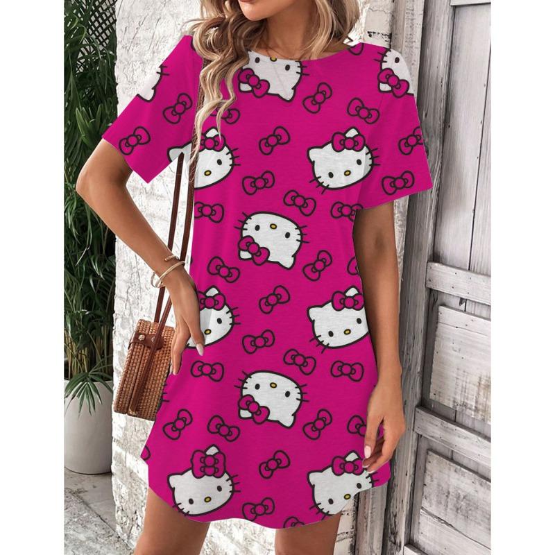Robe d'été élégante et belle pour femme Nouvelle collection Hello Kitty Jupe courte sexy Robe mini à col rond pour femme