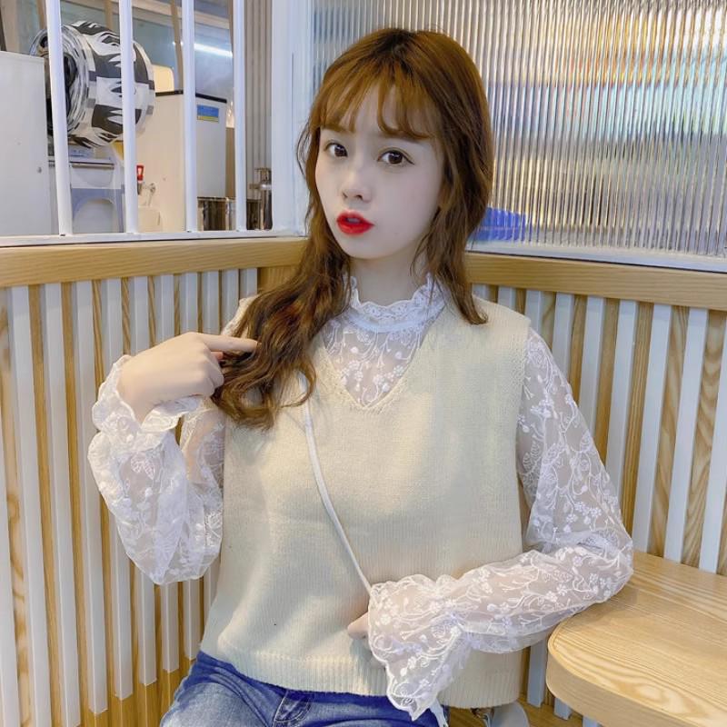 A/W 2026 Women's Stylish Mesh Lace Shirt with Bell Sleeves and Half-High Collar