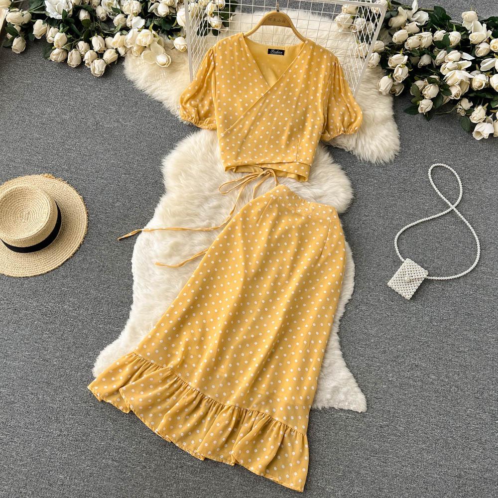 Women Polka Dot Two Piece Set Summer Short Drawstring Tops + High Waist Long Skirt 2pcs Suit Outfits Red Purple Black