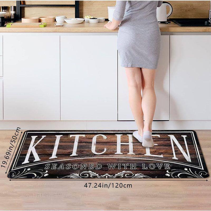 Rustic Wood Grain Kitchen Mat Love in the Kitchen Vintage Floral Border Non Slip Rug Washable Laundry Room Home Decor