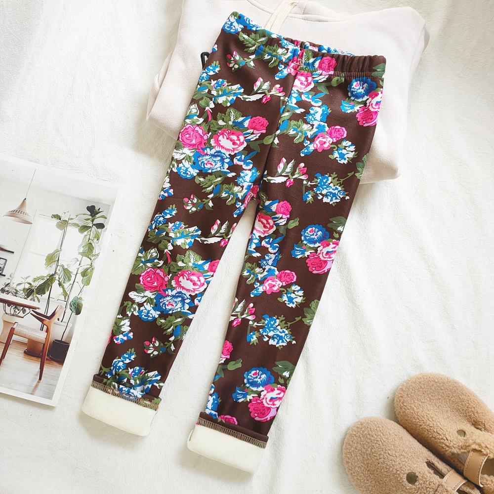Floral Print Autumn Winter Thickened Warm Kids Pants Baby Girl Velvet Leggings Children's Trouser