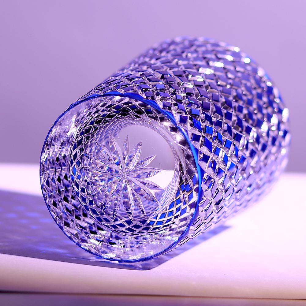 250ml Handmade Cylindrical Whiskey Tumbler Blue 24% Lead Crystal Japanese Style Edo Kiriko Colored Glass for Cold Drinking