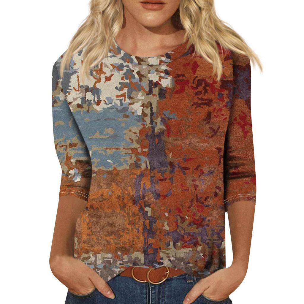 2026 Spring/Summer New Women's Fashion Printed Three-Quarter Sleeve Loose Round Neck Casual T-Shirt Top