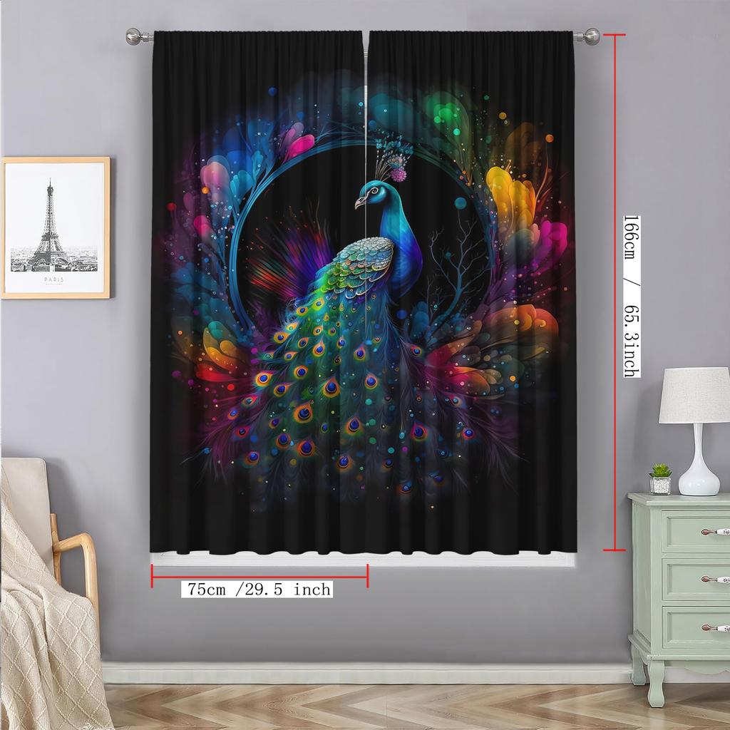 2PC Home Decoration Curtains, Peacock Background With Rod Pocket Curtains, Kitchen, Coffee Shop, Living Room, Balcony, Garden